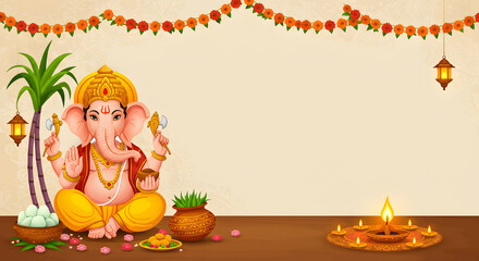 Ganesh Chaturthi Celebration Hindu Festival Traditional Ritual Indian Culture Floral Decoration Spiritual Worship Religious Ceremony Auspicious Occasion Decorative Lamp Clay Pot Symbolism Background