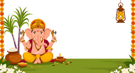 Naklejka premium Ganesh Chaturthi Indian Festival Celebration Religious Ceremony Decorative Flower Lamp Traditional Worship Illustration Hindu Cultural Ritual Background Spiritual Symbolic Festive Design