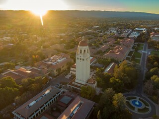 Aerial view of Hoover Tower at Stanford University, California, USA. The tower is a landmark, housing archives. Palo Alto, California, USA. 28 December 2024.