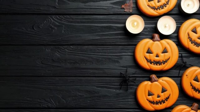 Festive Halloween composition showcasing pumpkin shaped cookies, candles, and spider on dark wood background, holiday decoration flat lay.