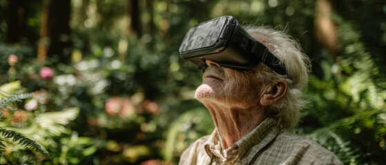Elderly man wearing virtual reality headset enjoying immersive experience in lush green forest with peaceful expression.
