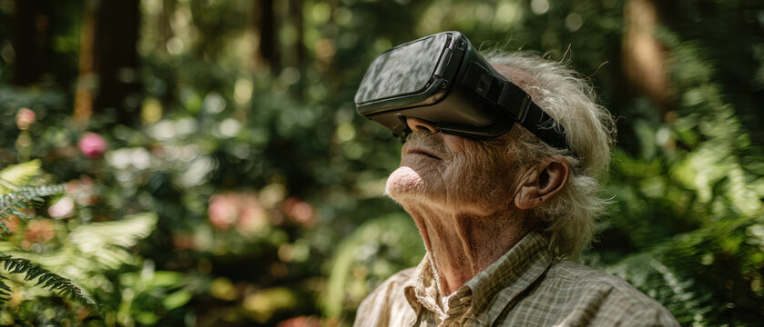 Elderly man wearing virtual reality headset enjoying immersive experience in lush green forest with peaceful expression.