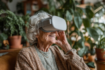 Elderly woman smiling while using virtual reality headset in cozy home surrounded by green plants and natural light.