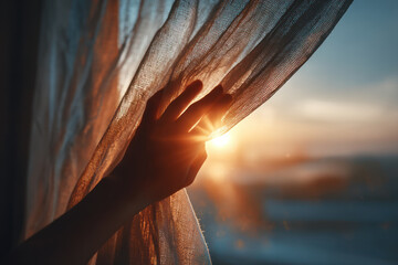 Hand opening curtain to bright sunrise with warm light shining through, symbolizing fresh start and positive energy.
