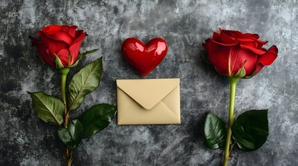 Romantic Red Roses Heart Envelope Valentines Day