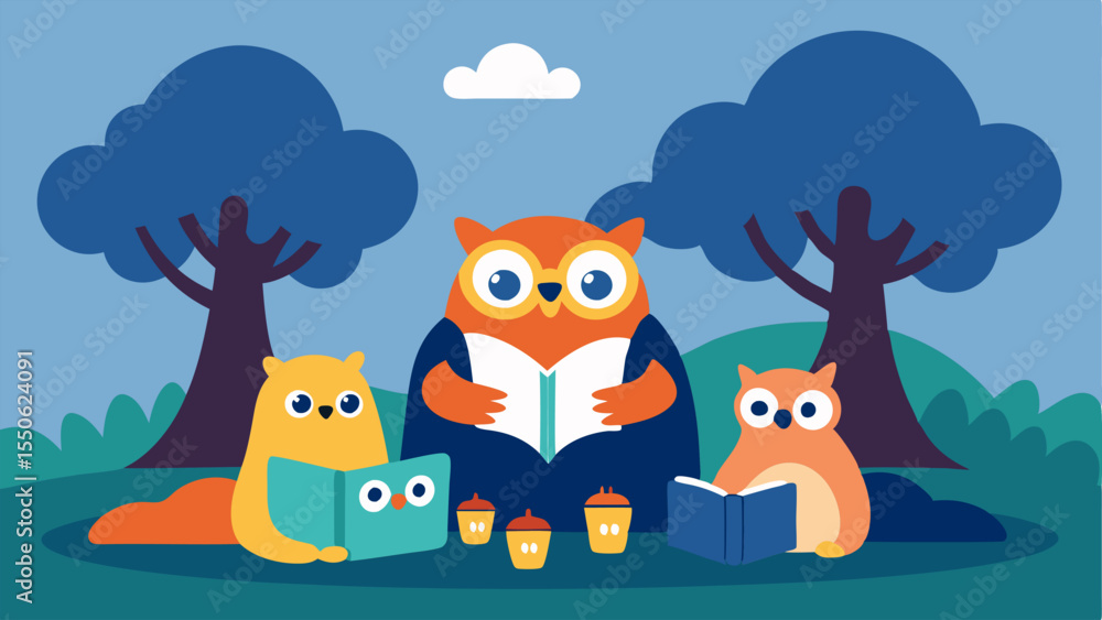 Poster a lively scene depicts a picnic setup a the trees where a family of owls enjoys reading together. wi