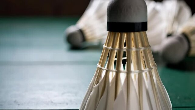 Close-up of white badminton shuttlecocks on a green wooden surface, showcasing feathers, sport equipment and recreation
