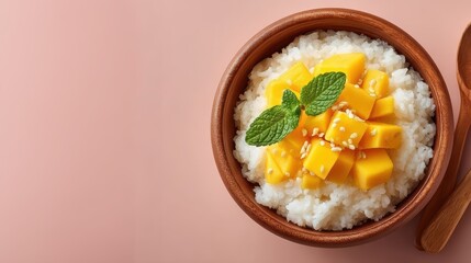 Delightful Bowl of Mango Sticky Rice with Fresh Mint and Sesame on Soft Rice Base