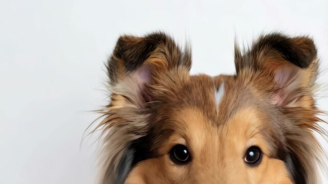 Close-up portrait of a fluffy, happy purebred collie dog with brown, tan, black and white fur, tongue out, looking directly into the camera, isolated against a white backdrop.