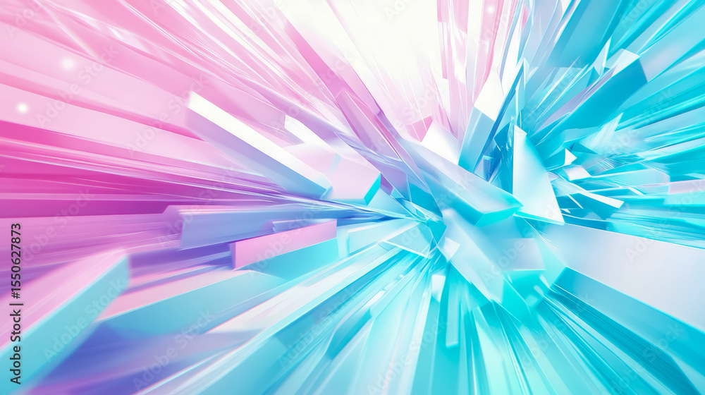 Poster a compelling abstract with geometric shards in pink and teal tones, generating a dynamic and futuris