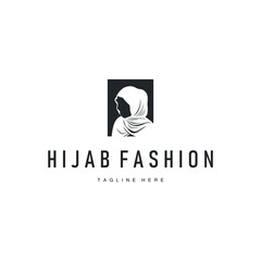 women fashion concept with a simple minimalist hijab logo with a black silhouette as a symbol of beauty and a poster template illustration