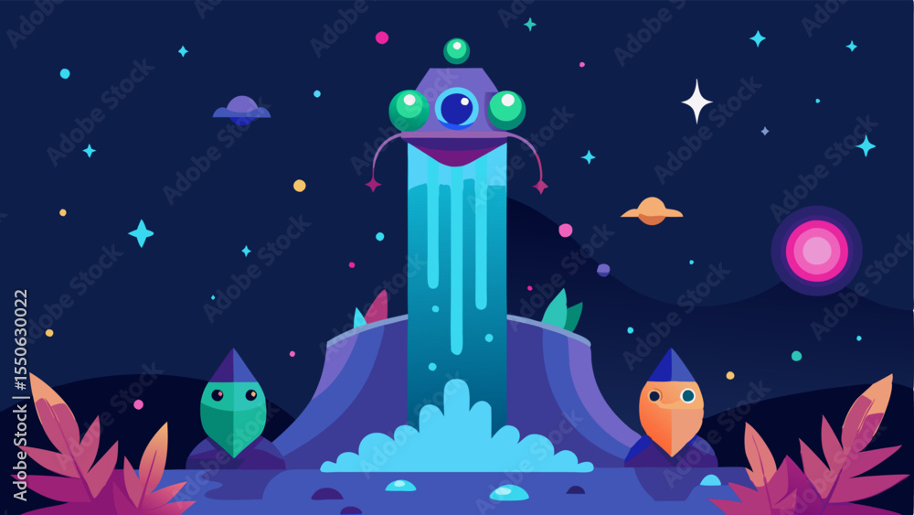 Poster celestial waterfall a cosmicthemed waterfall flows vertically into the stars shimmering with iridesc
