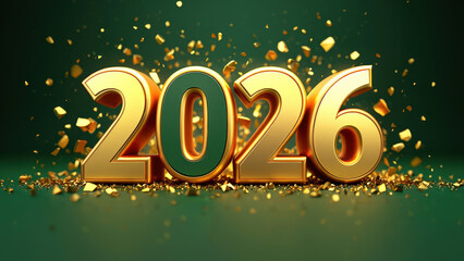 Gold 2026 numbers with confetti, Chinese New Year celebration background, festive shimmer