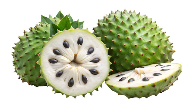 Close up of fresh soursop fruits, whole and sliced, on a white background
