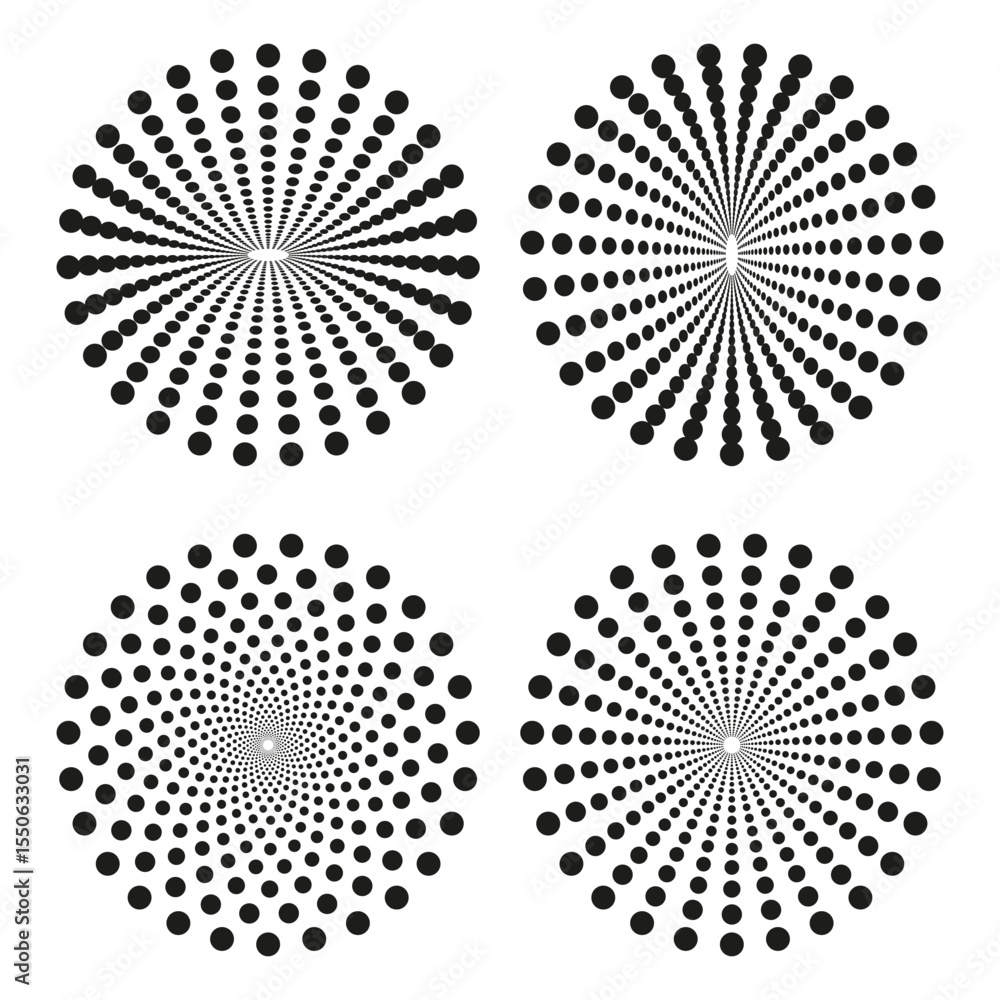 Aufkleber circular dot pattern. radiating point design. vector spiral elements. geometric circle motifs.