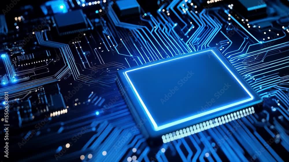 Fototapete Macro of interconnected circuit board with illuminated processor, showcasing technology and intricate design for digital applications