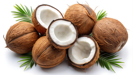 Pile of Whole and Halved Coconuts with Green Palm Leaves on White Background