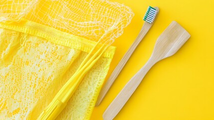 Sustainable Living Eco Friendly Zero Waste Yellow Mesh Bag Bamboo Utensils