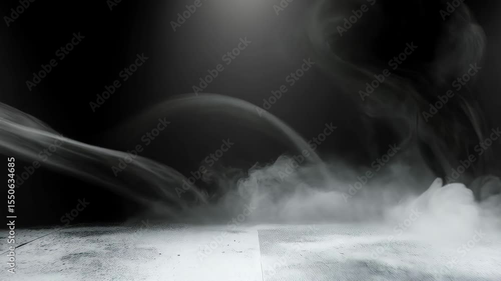 Poster mysterious smoke drifts and swirls across an empty concrete floor in a dark room with subtle light s