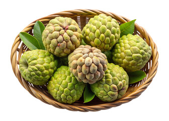 Fototapeta premium Fresh and delicious sugar apples piled in a wicker basket on white