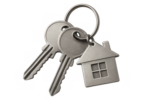 Metal house keys with decorative keychain dangling from connecting ring against clear glass-like surface