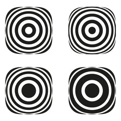 Concentric circle patterns. Ring target designs. Black circular elements. Vector radial forms.