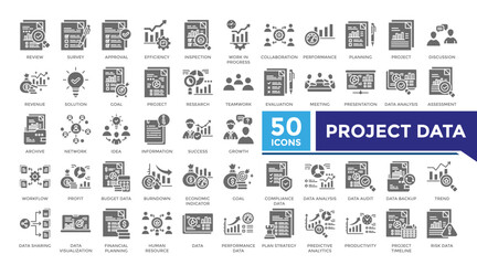 Project data solid icon set collection. This set includes presentation, data analysis, inspection, work in progress, strategy plan and more icons in solid style. Icons collection for infographics