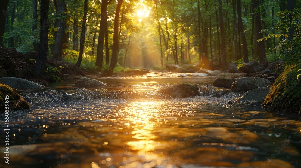 Poster sunlight filtering through lush green forest illuminating a flowing stream with reflections on water