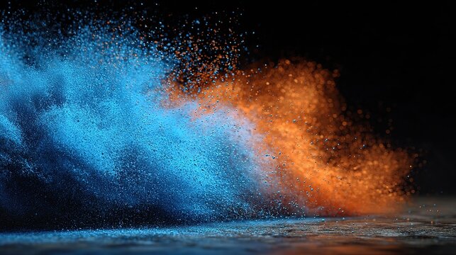 Abstract explosion of blue and orange colored powder