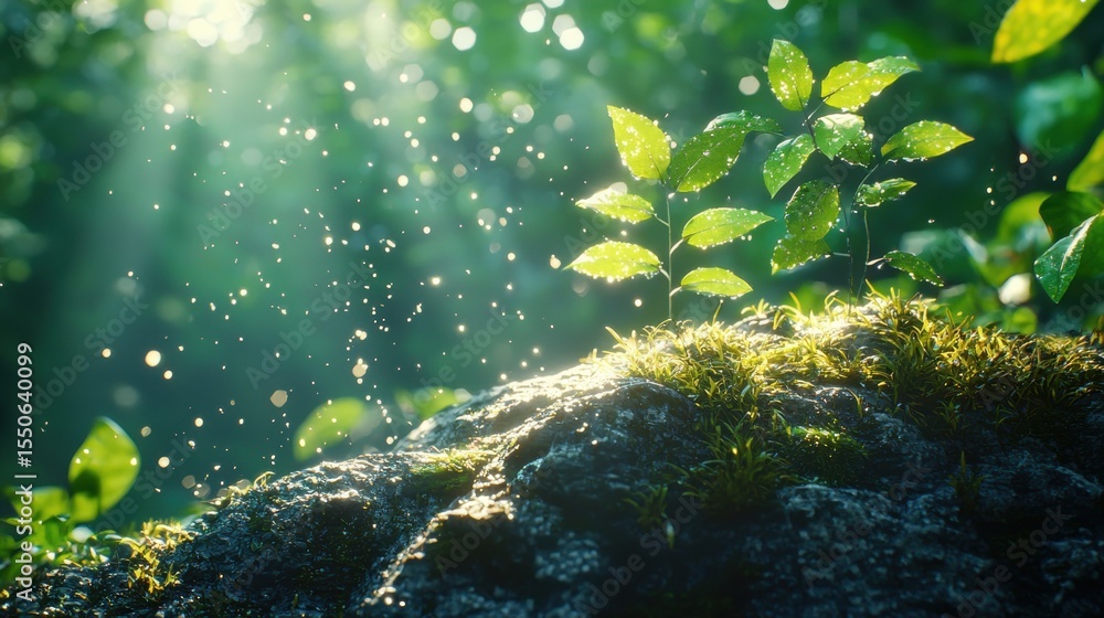 Poster sunlight through green leaves illuminating moss and creating bokeh background
