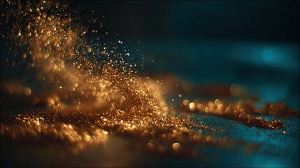 Golden glitter particles suspended in the air, forming a dramatic cloud against a dark teal backdrop