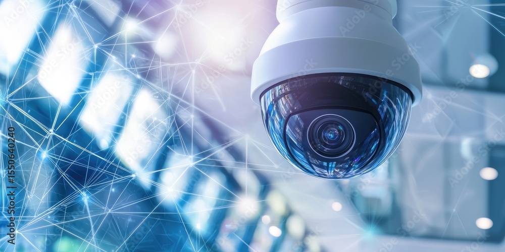 Poster Surveillance Camera in Modern Interior Space with Data Connections and Network Visualizations