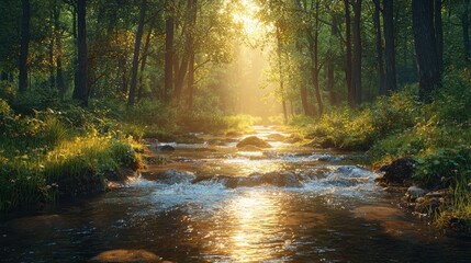 Obraz premium Sunlit Creek Flowing Through Verdant Forest with Lush Greenery, Reflecting Sunlight and Mossy Rocks in a Natural