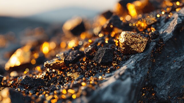 Close-up of gold nuggets embedded in dark rock - Powered by Adobe