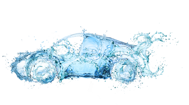 Abstract car shape made of dynamic water splashes. Represents clean energy, eco-friendly vehicles, or fluidity