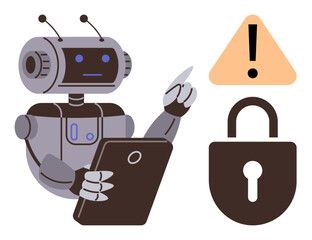 Robot using tablet, pointing toward alert symbol near padlock. Ideal for cybersecurity, AI monitoring, security alert, technology, data privacy, risk awareness, simple flat metaphor