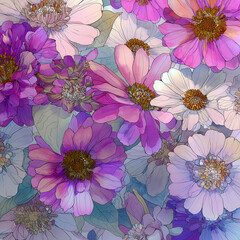 Summer floral background design featuring colorful abstract flowers in purple and pink tones