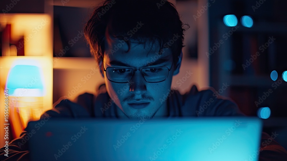 Poster a person attending an online class, focus on laptop screen and focused expression, soft lighting cap