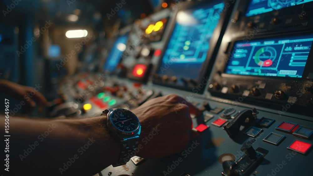 Poster close up of a marine engineer's hand wearing a watch, skillfully operating the control panel of a sh