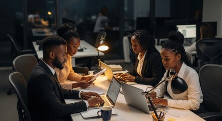 Diverse team collaborating on a project late at night in a modern office environment