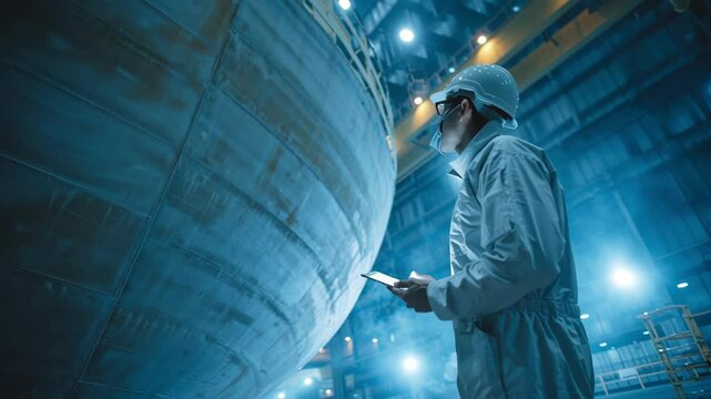 Marine engineer in protective gear using a digital tablet to inspect a large metal hull section in a shipyard, emphasizing advanced technology in modern shipbuilding