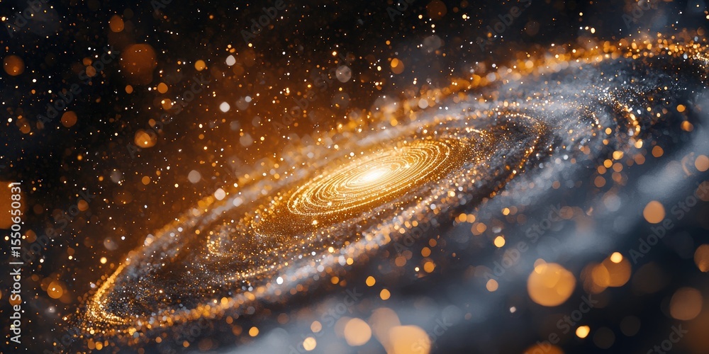 Poster a detailed view of a futuristic galaxy, its spirals composed of light particles and neon grids, demo