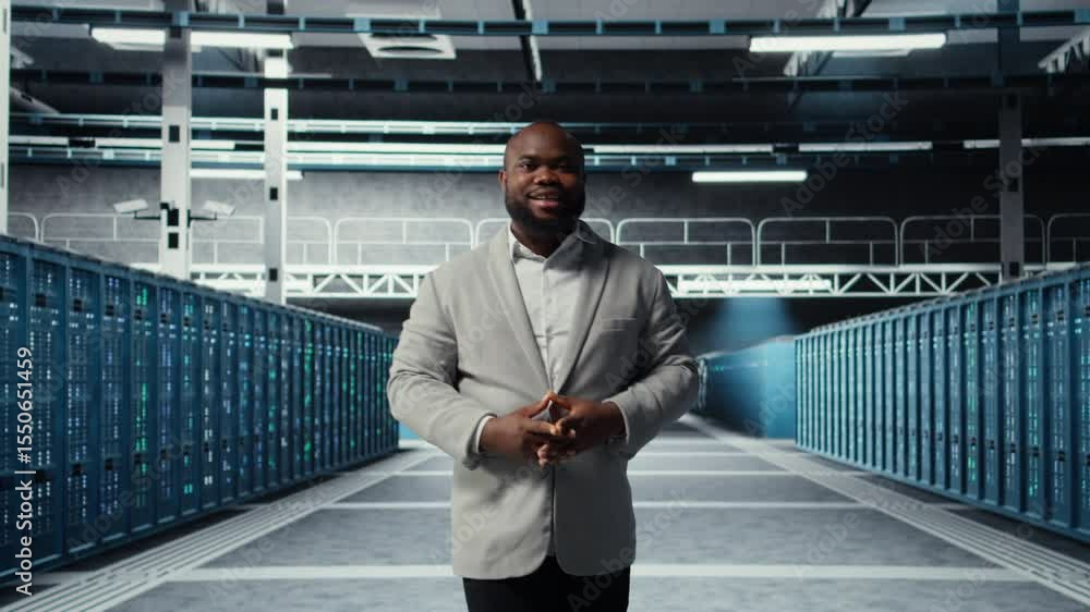Poster cheerful admin walking in data center workplace, checking gear for system stability. jolly it profes