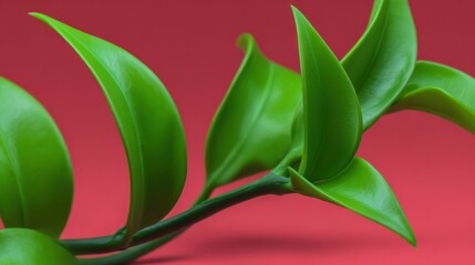 Vibrant Green Leaves Against Red Background
