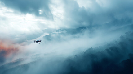Fototapeta na wymiar Drone Flying Through Misty Mountain Clouds