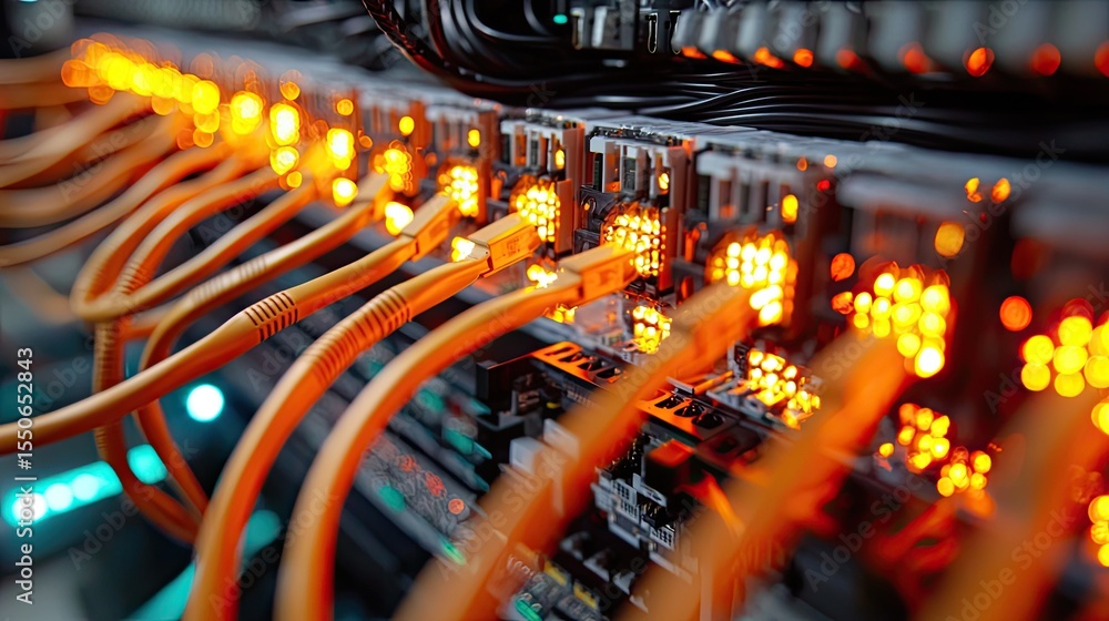 Leinwandbilder Macro image of a network server processing IoT data at high speed while ensuring secure data storage for system efficiency.