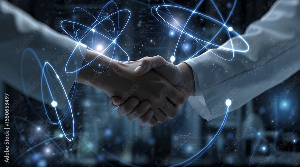 Poster hands shaking with quantum particles representing collaboration and innovation