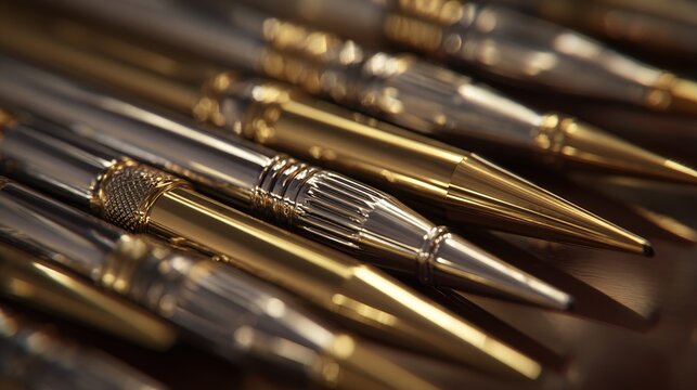 Gleaming array of gold and silver mechanical pencils with textured grips, close-up view