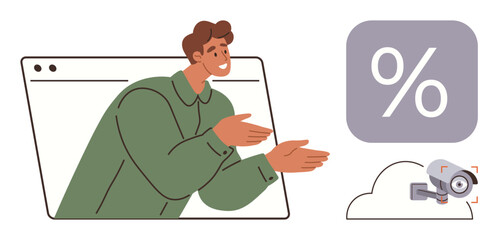 Man gestures during an online presentation beside a percent symbol, cloud icon, and security camera. Ideal for technology, business, cloud computing, online communication, data security, finance
