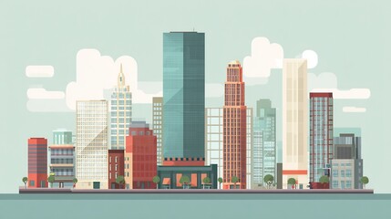 Naklejka premium Modern flat vector illustration of an urban city skyline with tall buildings